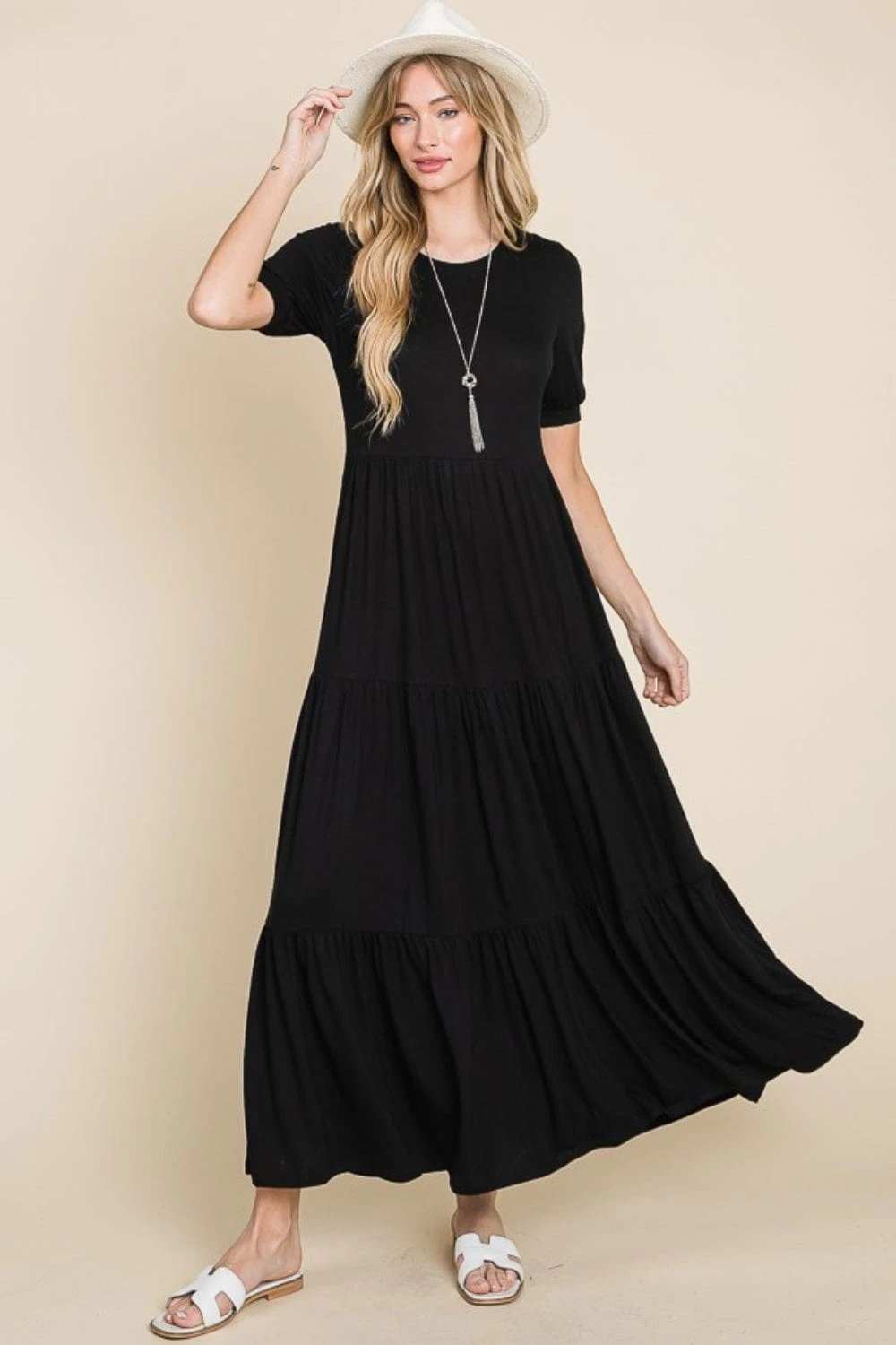 BOMBOM Short Sleeve Tiered Maxi Dress - Trendsi - Flyclothing LLC