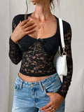 Devine Scoop Neck Long Sleeve Lace Top - Trendsi - Flyclothing LLC