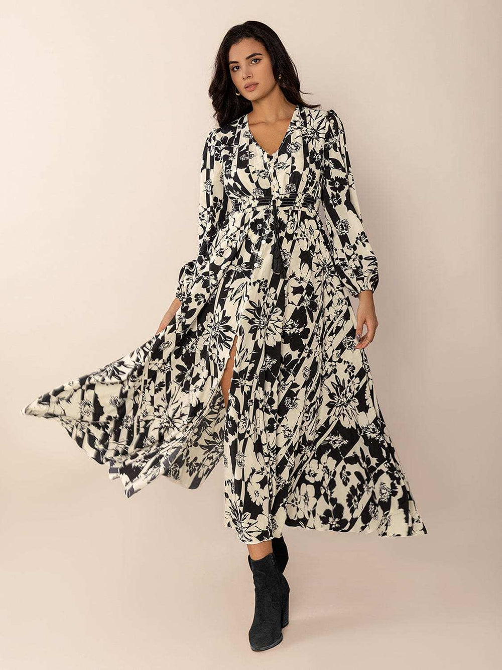 Tied Printed V-Neck Long Sleeve Midi Dress - Trendsi - Flyclothing LLC