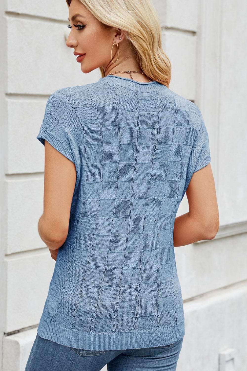 Checkered Round Neck Short Sleeve Knit Top - Trendsi - Flyclothing LLC