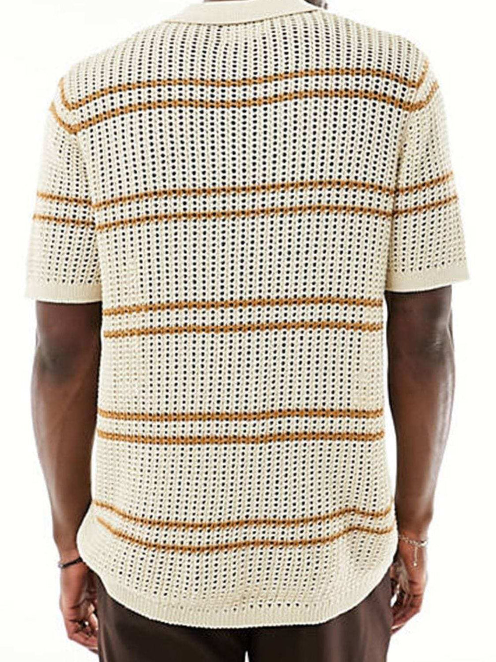 Men's Striped Collared Neck Hollow Out Shirt - Trendsi - Flyclothing LLC