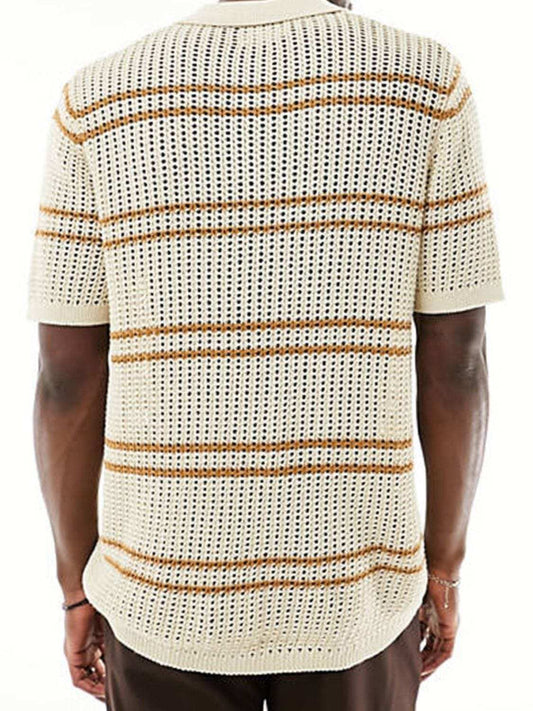 Men's Striped Collared Neck Hollow Out Shirt - Trendsi - Flyclothing LLC