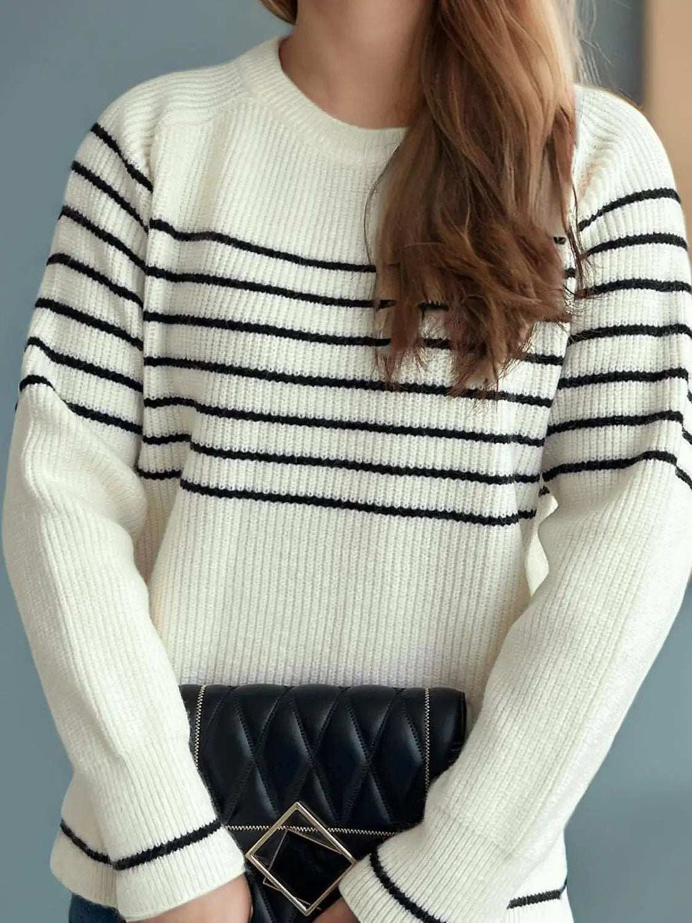 Striped Round Neck Long Sleeve Sweater - Trendsi - Flyclothing LLC