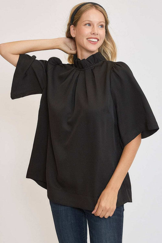 Umgee Bow Tie Back Mock Neck Half Sleeve Blouse - Trendsi - Flyclothing LLC
