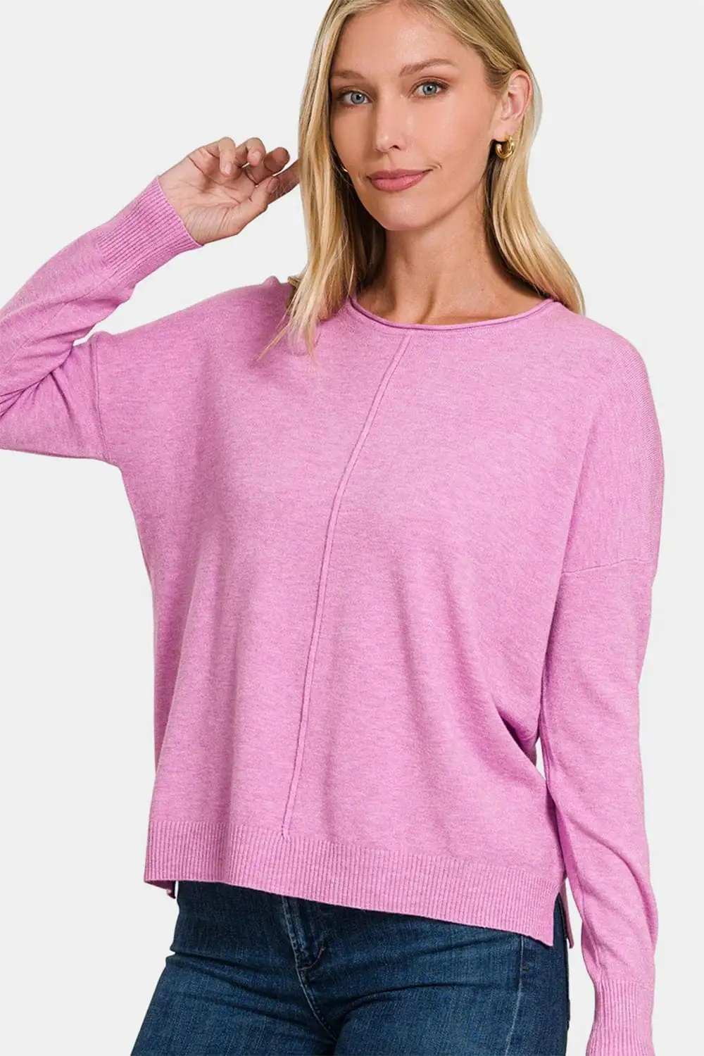 Zenana Front Seam Round Neck Sweater - Trendsi - Flyclothing LLC