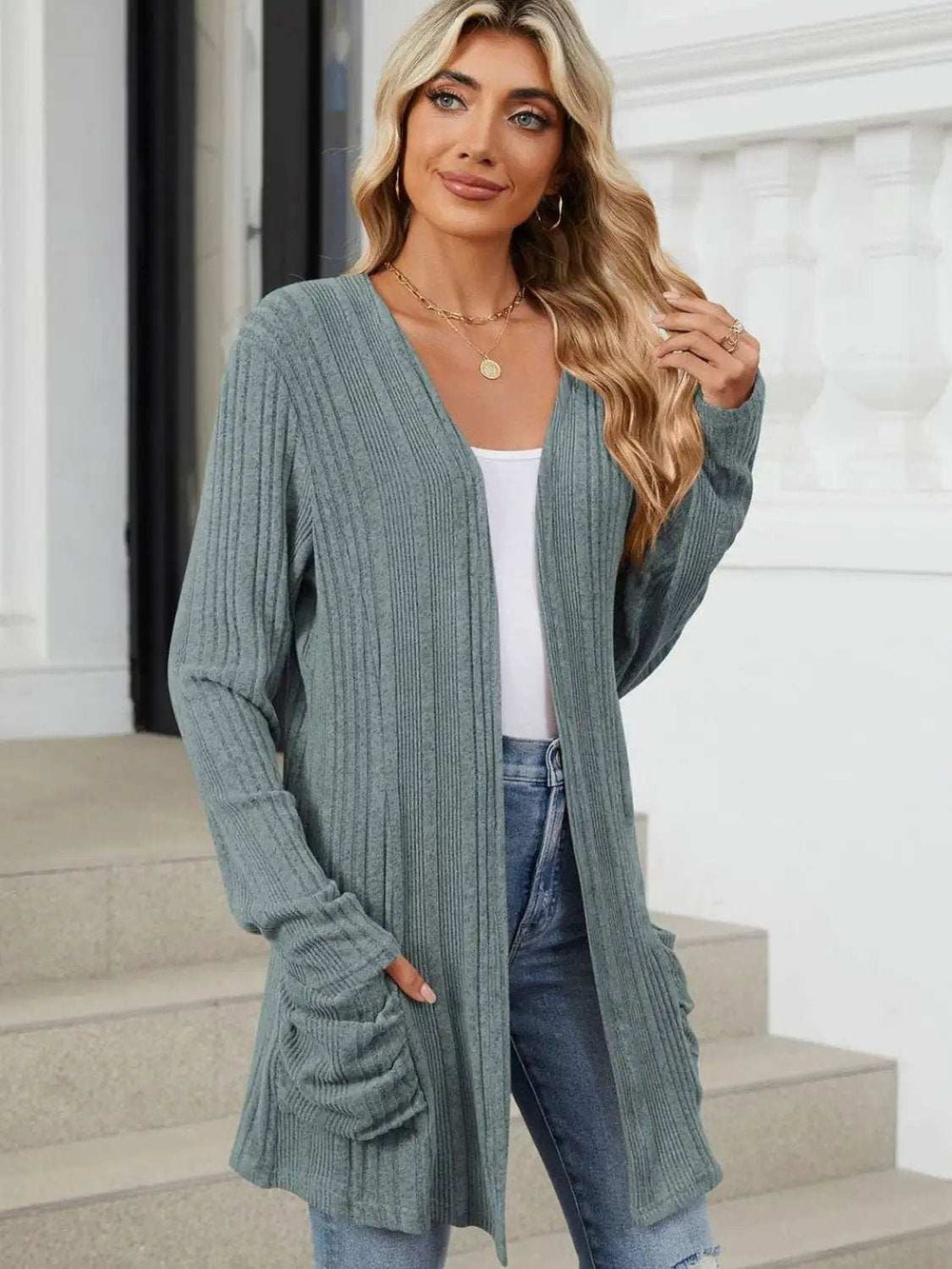Pocketed Open Front Long Sleeve Cardigan - Trendsi - Flyclothing LLC