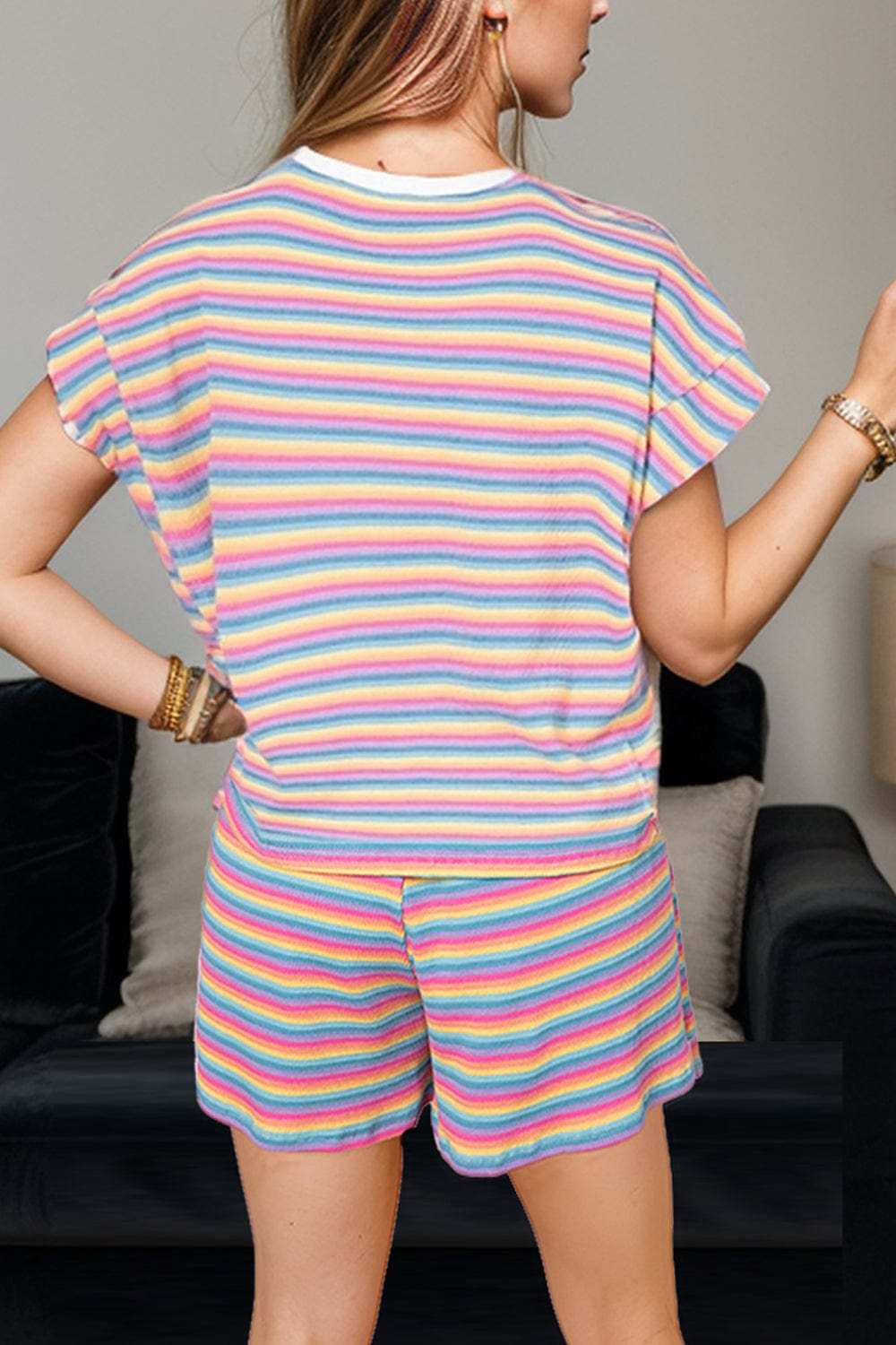 Striped Round Neck Top and Shorts Set - Trendsi - Flyclothing LLC