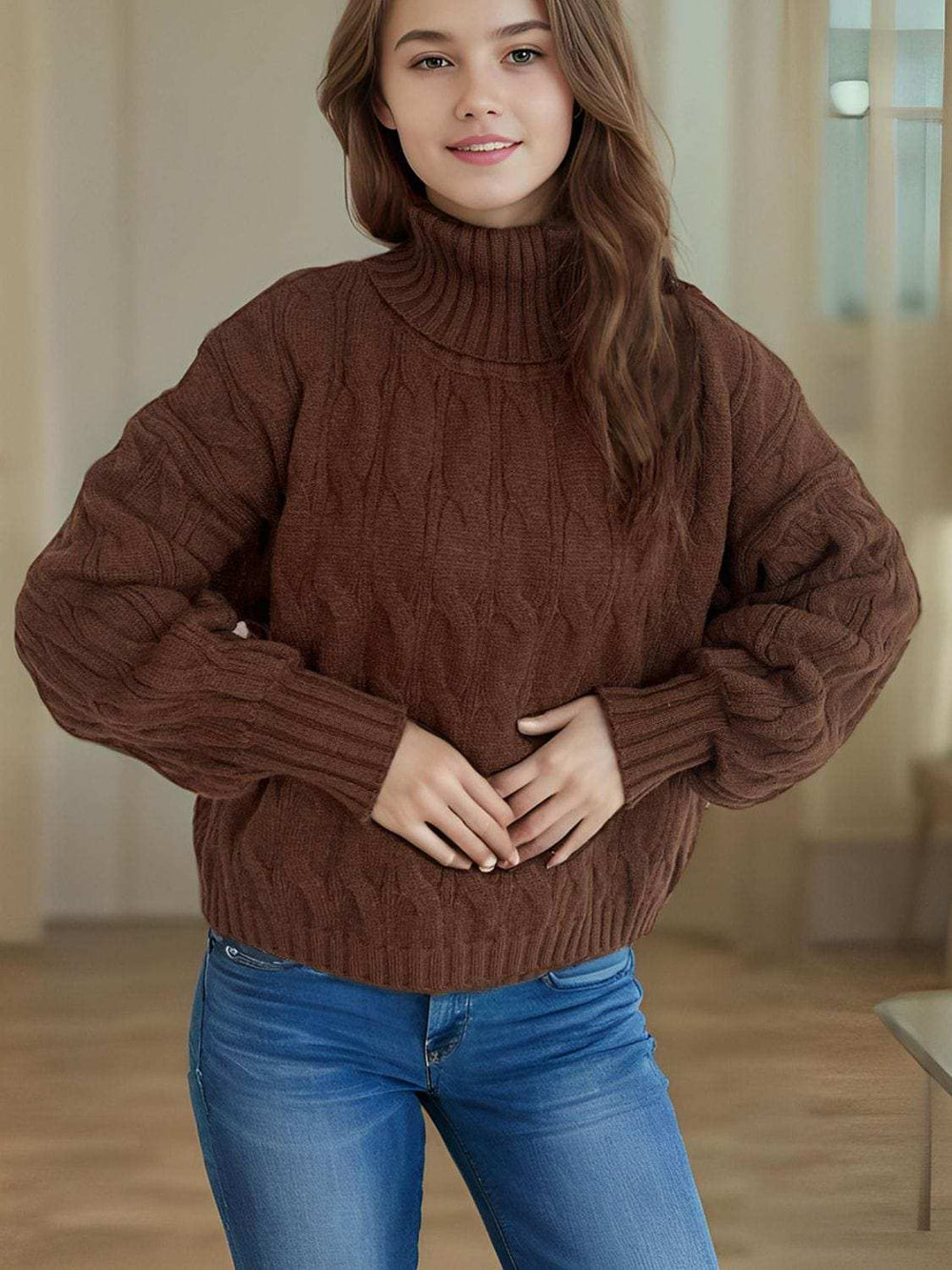 Cable-Knit Turtleneck Long Sleeve Sweater - Trendsi - Flyclothing LLC