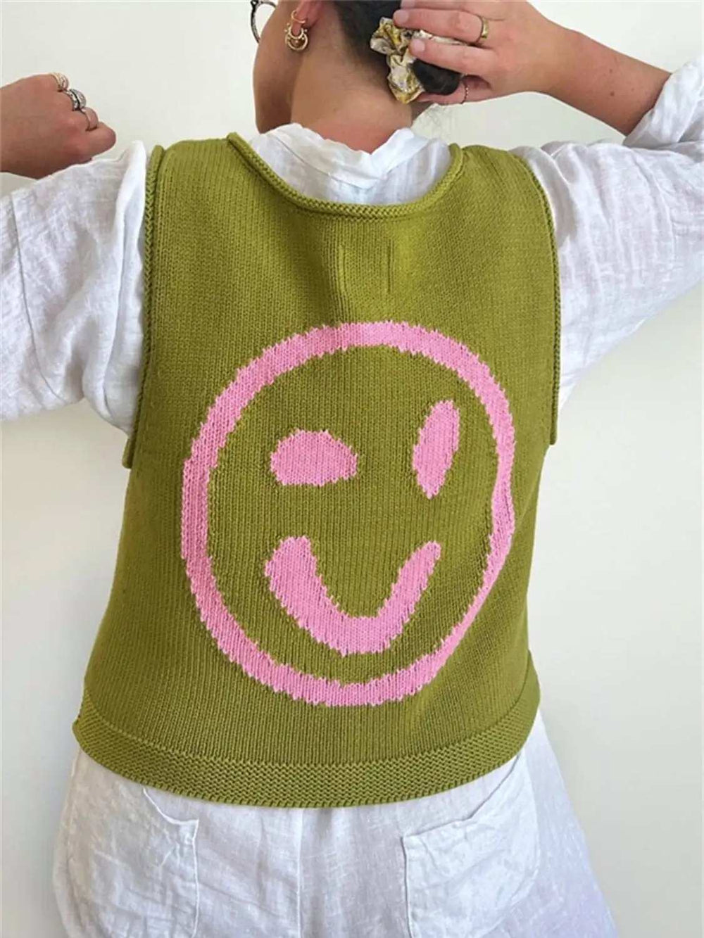Smiley Round Neck Sweater Vest - Trendsi - Flyclothing LLC