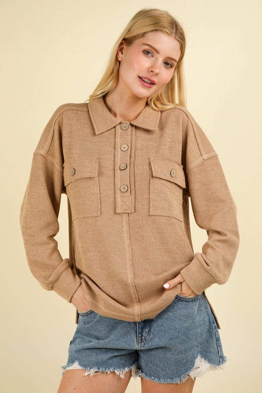 VERY J Collared Half Button Knit Top with Pockets - Trendsi - Flyclothing LLC