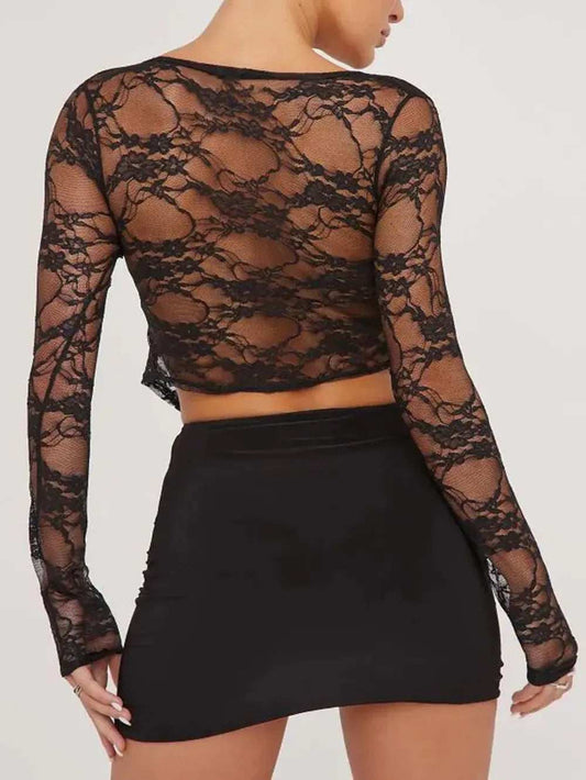 Tied Plunge Long Sleeve Lace Cropped Shirt - Trendsi - Flyclothing LLC