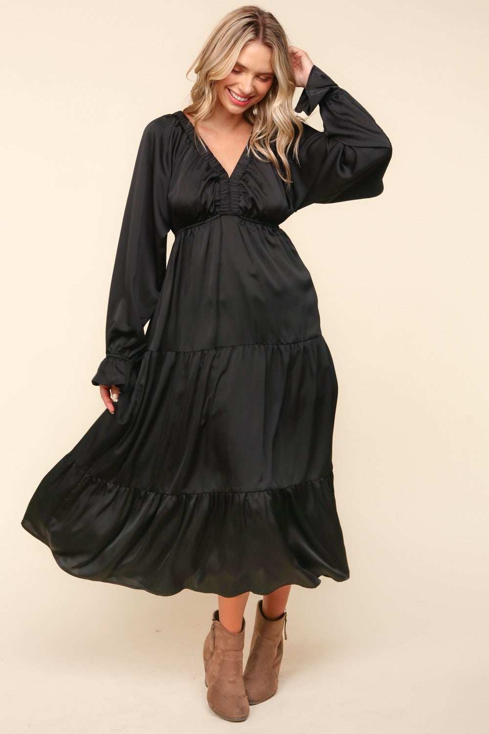 Haptics Flounce Sleeve Tiered Midi Dress with Pockets - Trendsi - Flyclothing LLC
