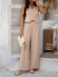 Devine Button Down Vest and Wide Leg Pants Set - Trendsi - Flyclothing LLC