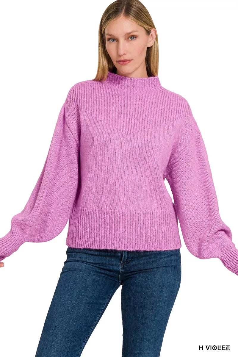 Zenana Balloon Sleeve Mock Neck Sweater - Trendsi - Flyclothing LLC