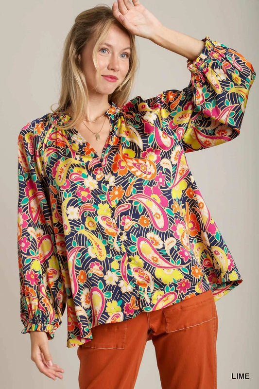 Umgee Full Size Satin Paisley Ruffle Neck Button-Up Shirt Plus Size - Trendsi - Flyclothing LLC