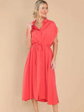 Drawstring Collared Neck Short Sleeve Midi Dress - Trendsi - Flyclothing LLC
