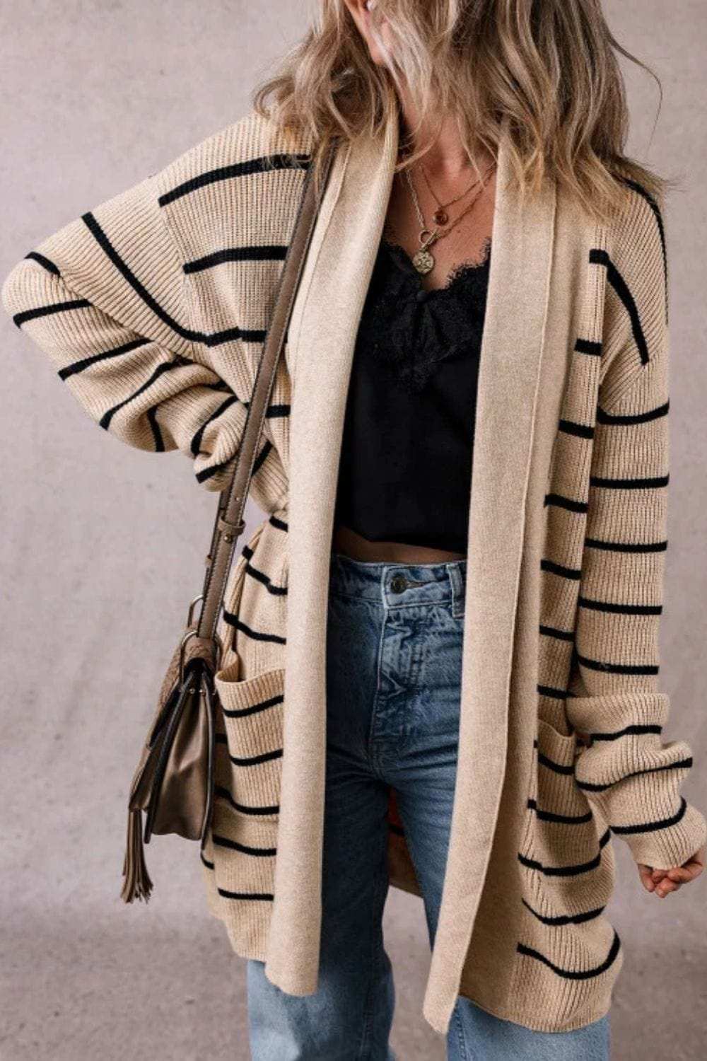 Striped Open Front Long Sleeve Cardigan - Trendsi - Flyclothing LLC