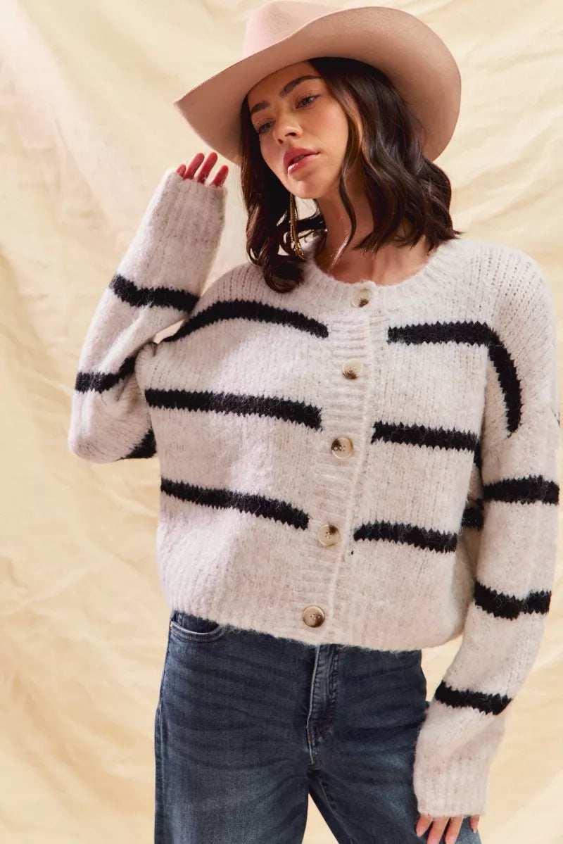 SO ME Stripe Soft Touch Button Cozy Sweater Cardigan - Trendsi - Flyclothing LLC