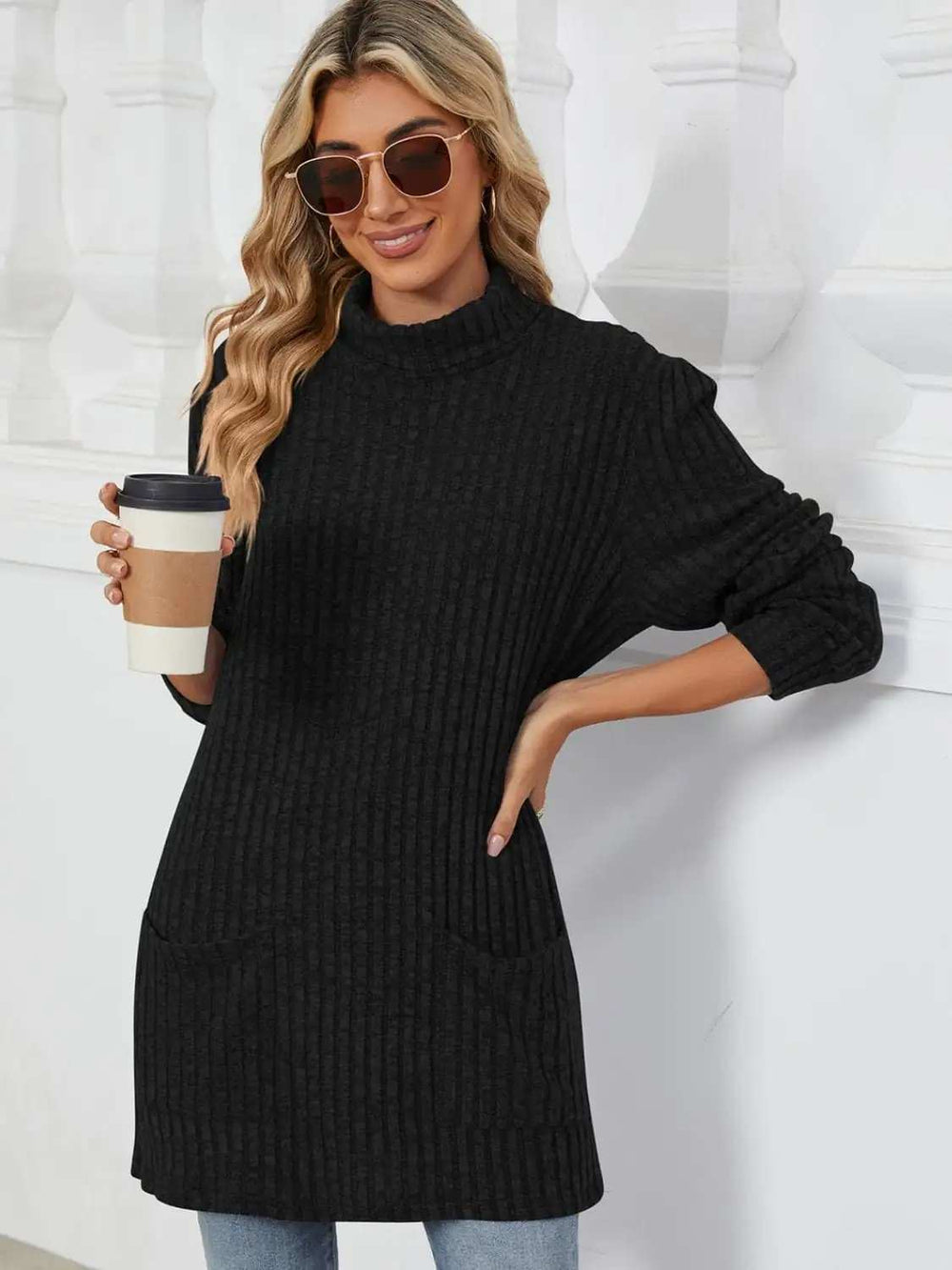 Ribbed Mock Neck Long Sleeve T-Shirt - Trendsi - Flyclothing LLC