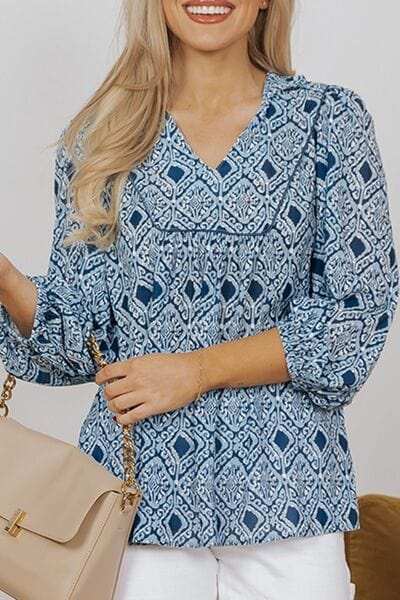 Geometric Print Frilled Notched Blouse - Trendsi - Flyclothing LLC