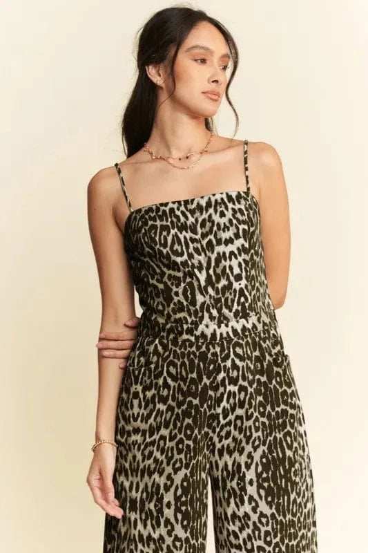 Davi & Dani Leopard Spaghetti Straps Wide Leg Jumpsuit - Trendsi - Flyclothing LLC