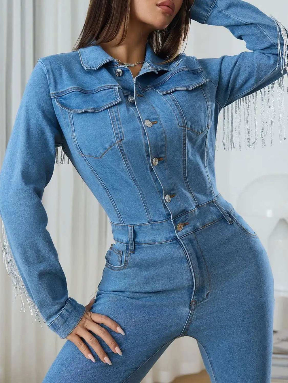 Fringe Half Button Long Sleeve Denim Jumpsuit - Trendsi - Flyclothing LLC