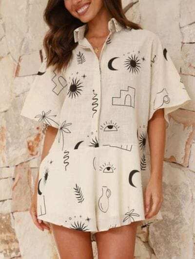 Printed Collared Neck Half Sleeve Romper - Trendsi - Flyclothing LLC