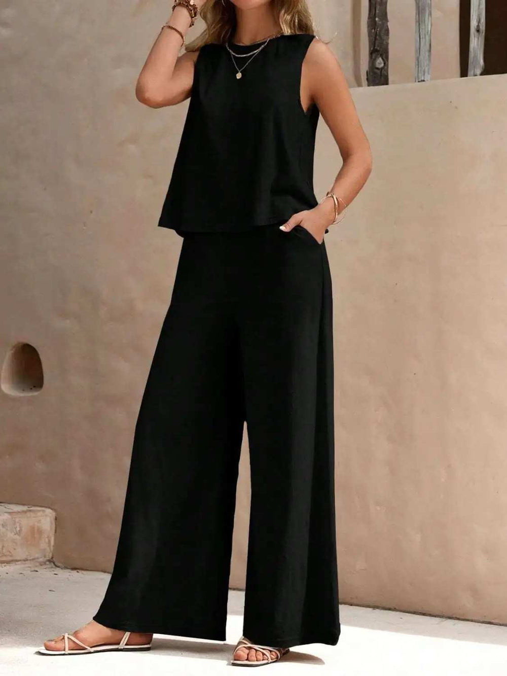 Round Neck Sleeveless Top and Wide Leg Pants Set - Trendsi - Flyclothing LLC