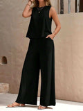 Round Neck Sleeveless Top and Wide Leg Pants Set - Trendsi - Flyclothing LLC