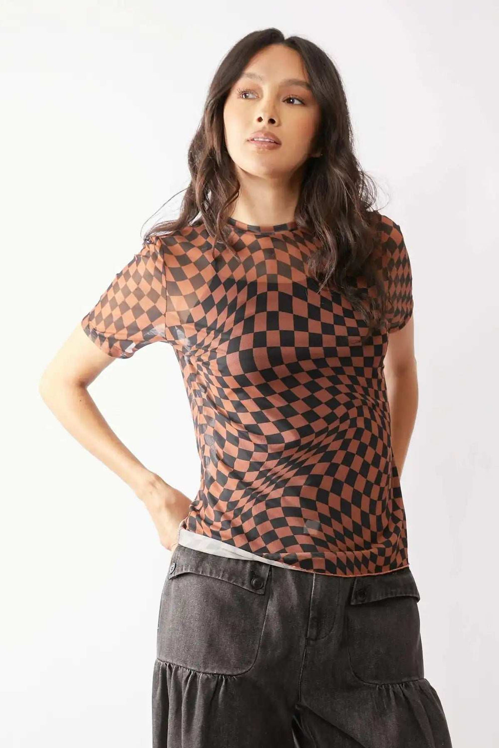 Davi & Dani Checker Board Printed Mesh Short Sleeve Top - Trendsi - Flyclothing LLC