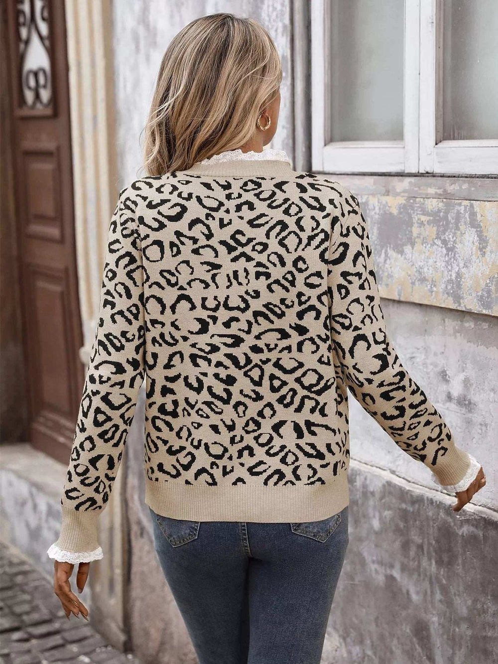 Frill Leopard Long Sleeve Sweater - Trendsi - Flyclothing LLC