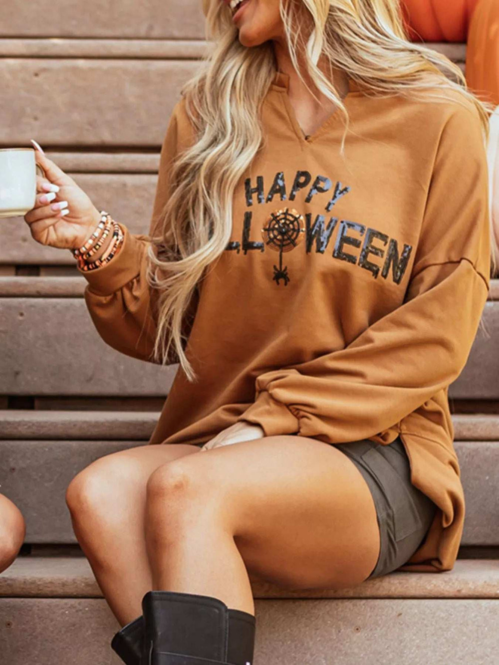 Happy Halloween Graphic Notched Long Sleeve Loose Top - Trendsi - Flyclothing LLC