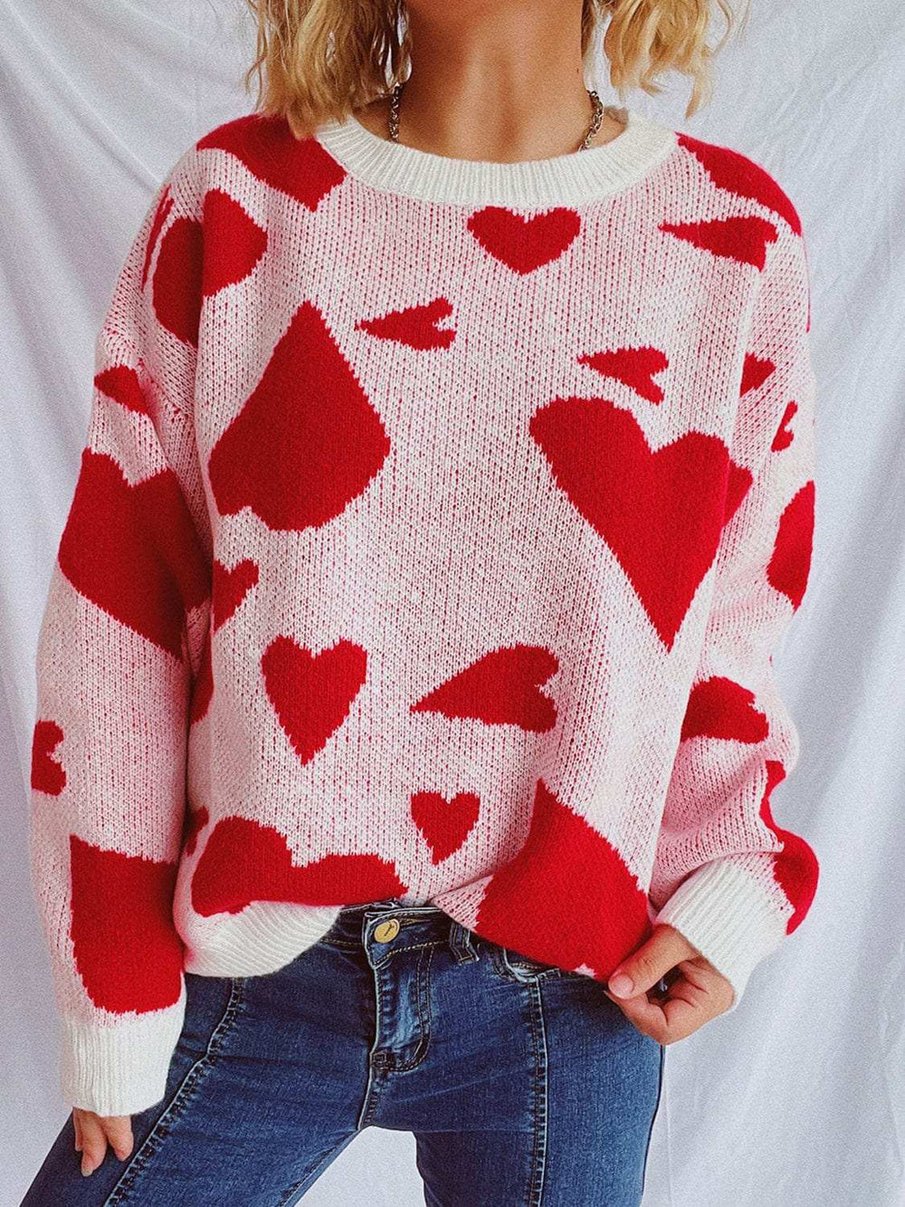 Heart Round Neck Long Sleeve Sweater - Trendsi - Flyclothing LLC