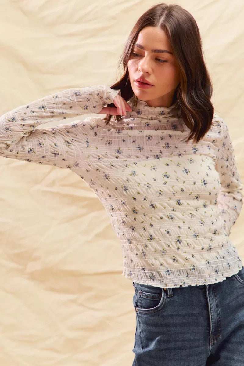 SO ME Floral Print Textured Long Sleeve Knit Top - Trendsi - Flyclothing LLC