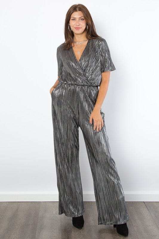 Be Stage Surplice Short Sleeve Pleated Foil Jumpsuit - Trendsi - Flyclothing LLC