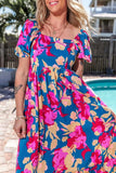 Printed Square Neck Short Sleeve Midi Dress - Trendsi - Flyclothing LLC