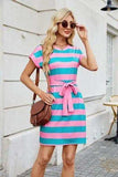 Tied Contrast Striped Short Sleeve Mini Tee Dress - Trendsi - Flyclothing LLC