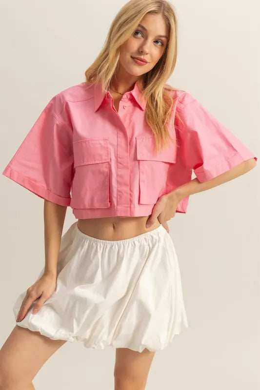 HYFVE Front Pockets Poplin Collared Neck Crop Shirt - Trendsi - Flyclothing LLC