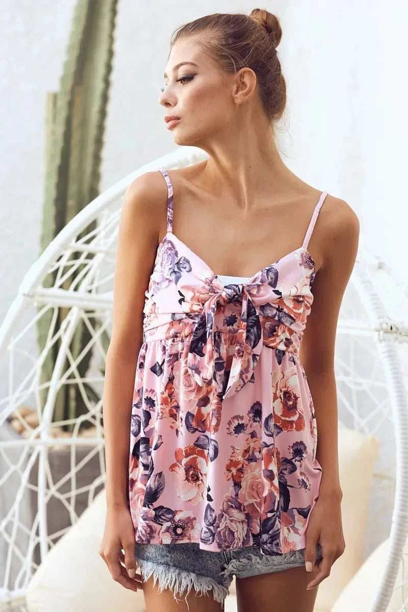 BiBi Floral Printed Jersey Knit with Tie Ribbon Front - Trendsi - Flyclothing LLC