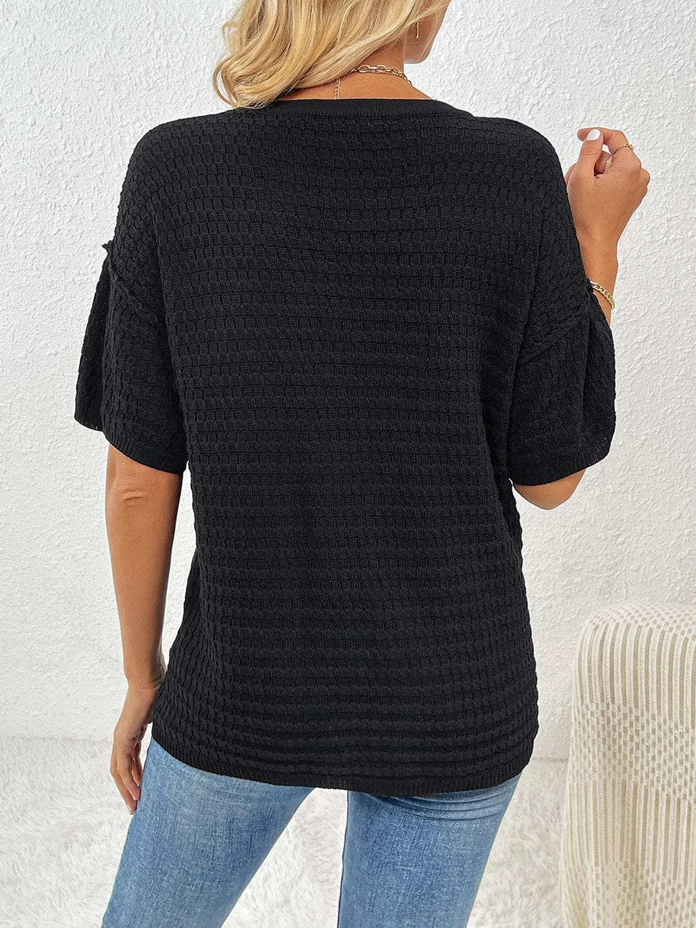 Round Neck Half Sleeve Knit Top - Trendsi - Flyclothing LLC