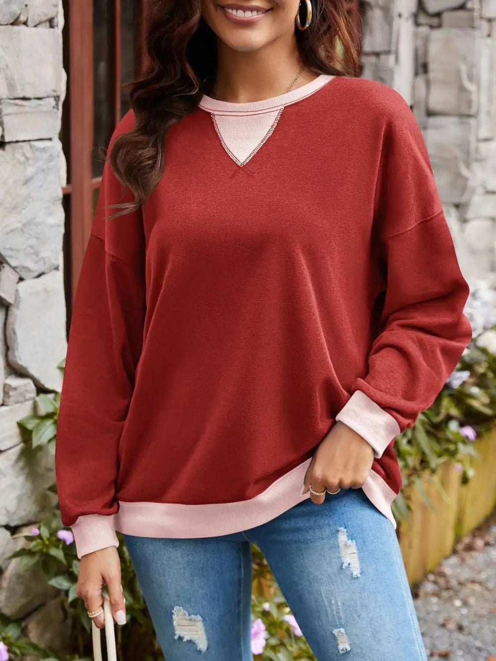 Contrast Round Neck Long Sleeve Sweatshirt - Trendsi - Flyclothing LLC