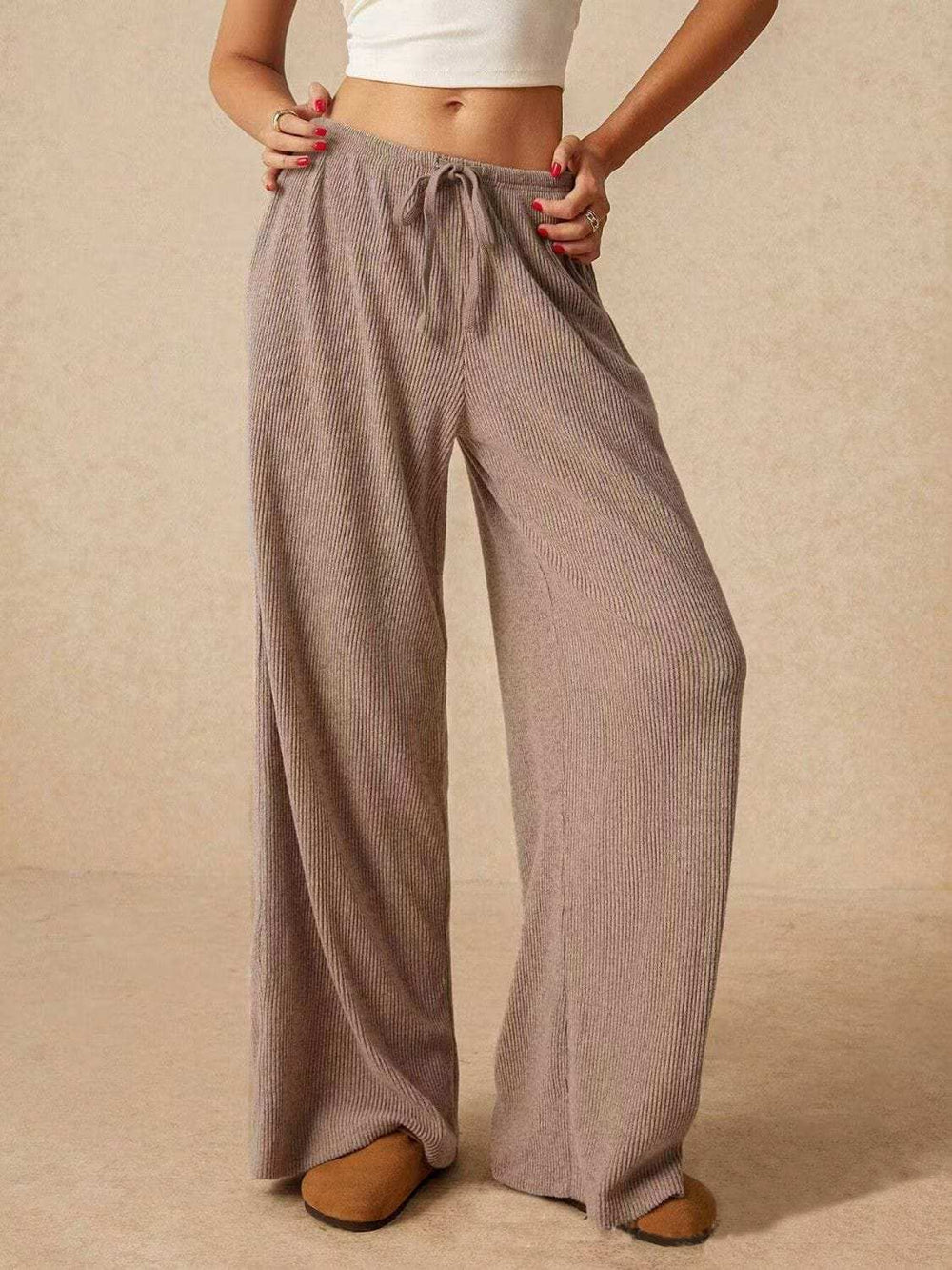 Ribbed Drawstring Wide Leg Pants - Trendsi - Flyclothing LLC