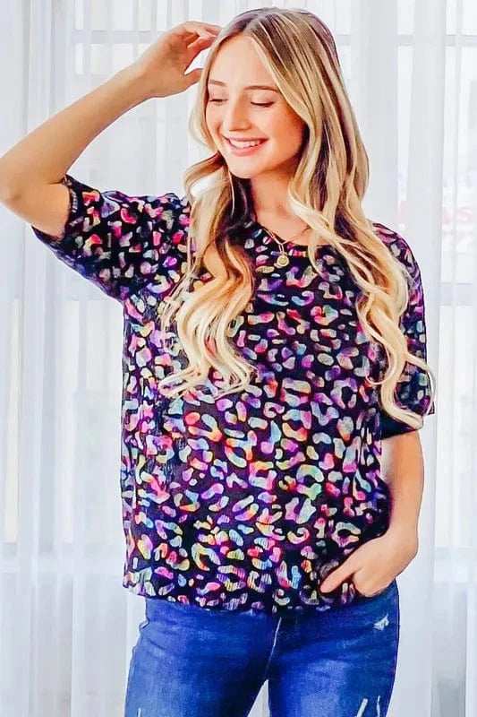 And The Why Leopard Foil Printed Half Sleeve Summer Sweater - Trendsi - Flyclothing LLC