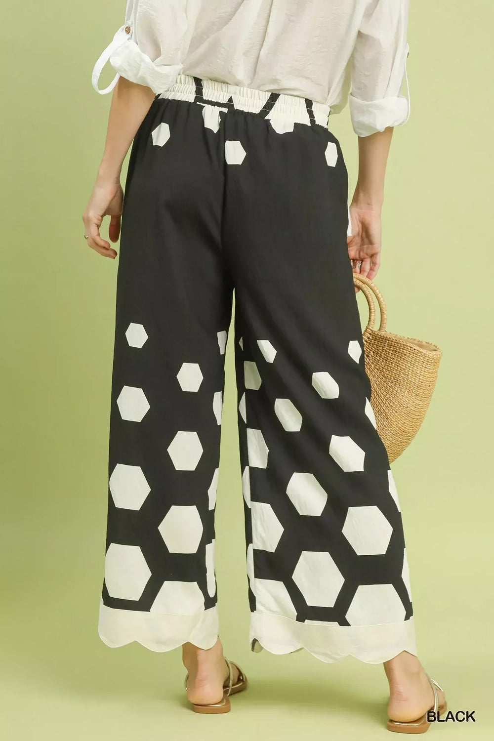 Umgee Hexagon Print Wide Leg Pants with Scalloped Hem - Trendsi - Flyclothing LLC