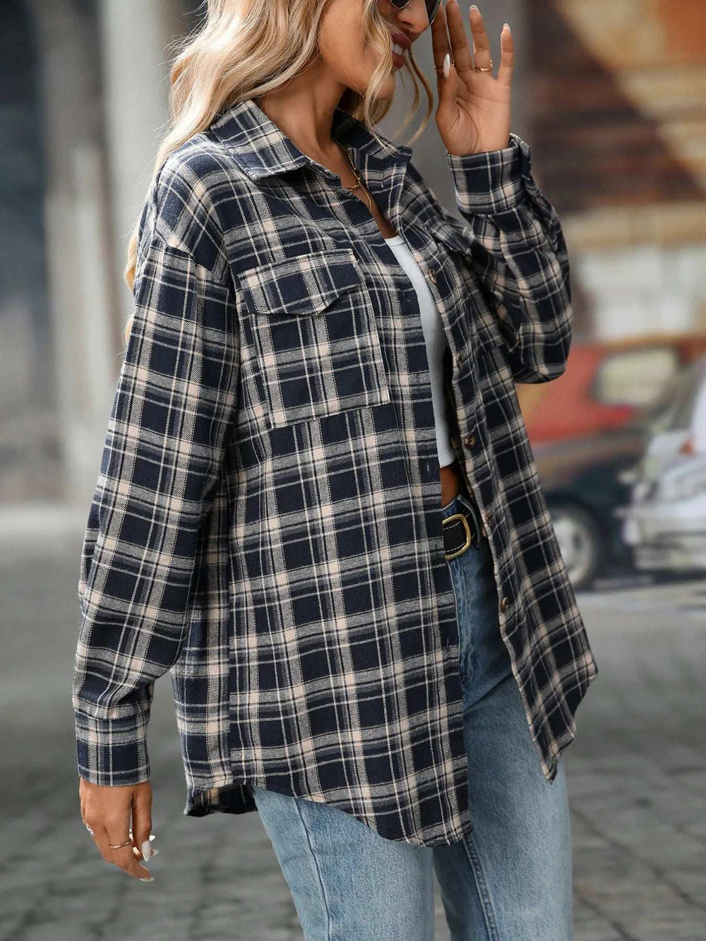 Plaid Button-Down Oversized Shirt - Trendsi - Flyclothing LLC