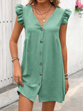 Button Up V-Neck Cap Sleeve Mini Dress - Trendsi - Flyclothing LLC