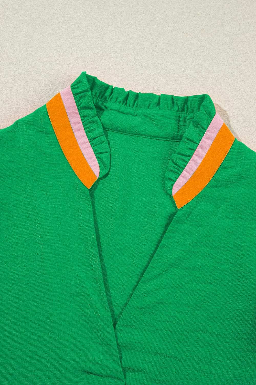 Contrast Trim Notched Short Sleeve Blouse - Trendsi - Flyclothing LLC