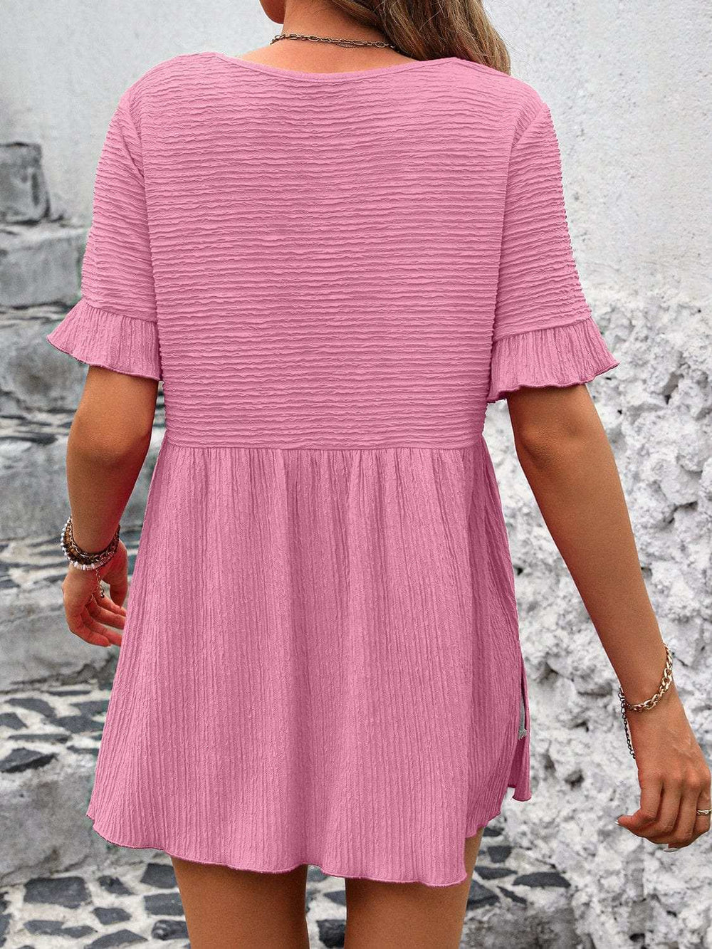 Round Neck Short Sleeve Blouse - Trendsi - Flyclothing LLC