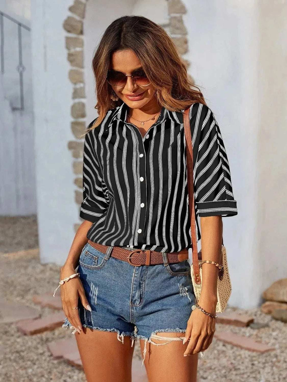 Striped Collared Neck Half Sleeve Shirt - Trendsi - Flyclothing LLC