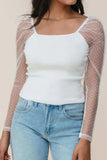 Swiss Dot Mesh Long Sleeve Square Neck Slim Top - Trendsi - Flyclothing LLC